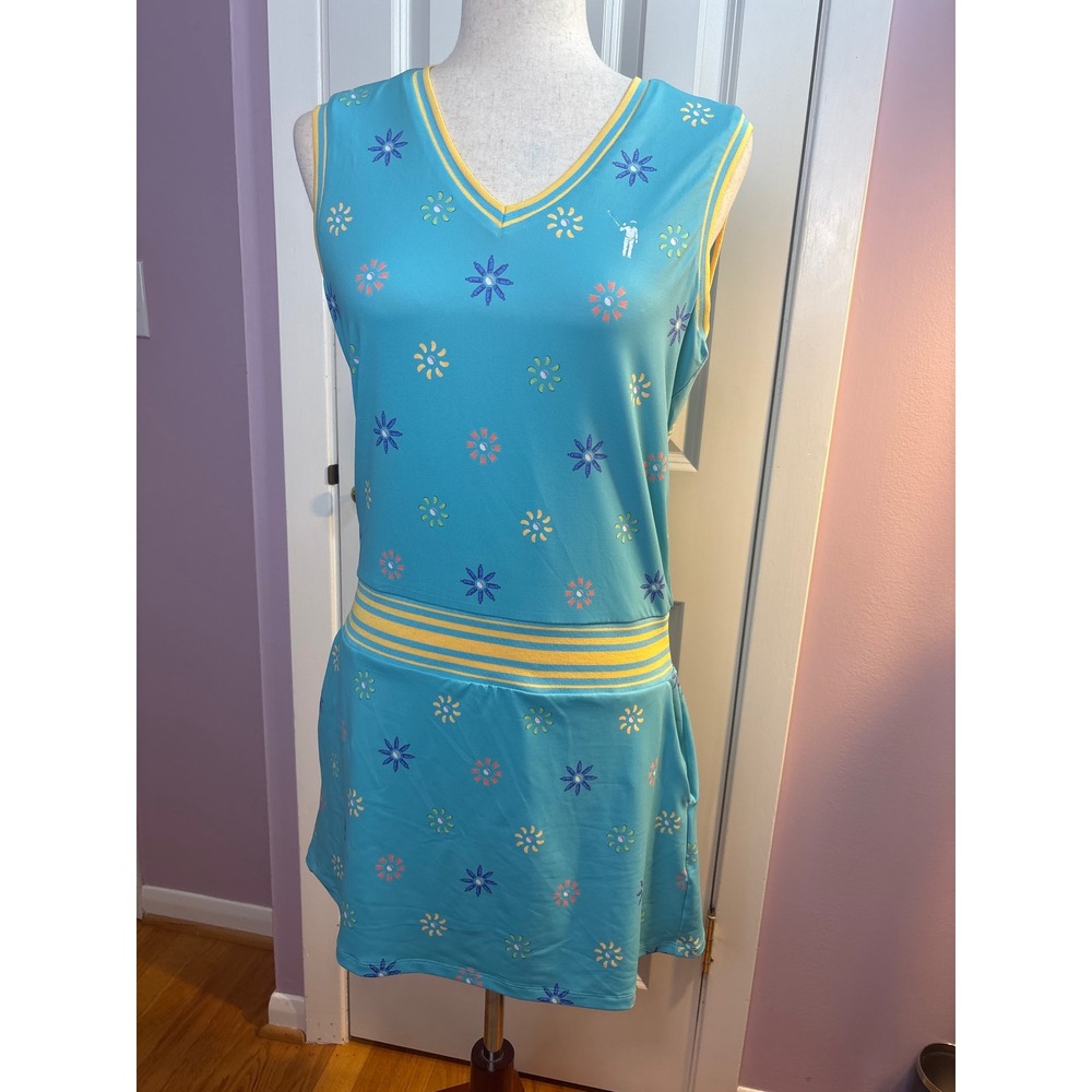 William Murray Golf Dress Womens Small Turquoise Floral Sleeveless Pleated Blue
